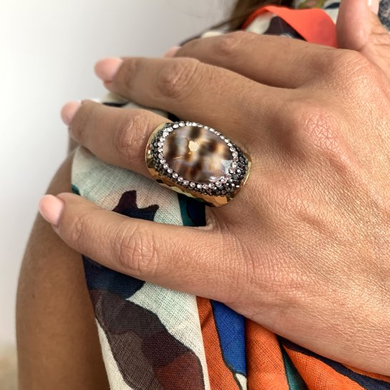 GOUDEN TIGER SHELL STRASS RING